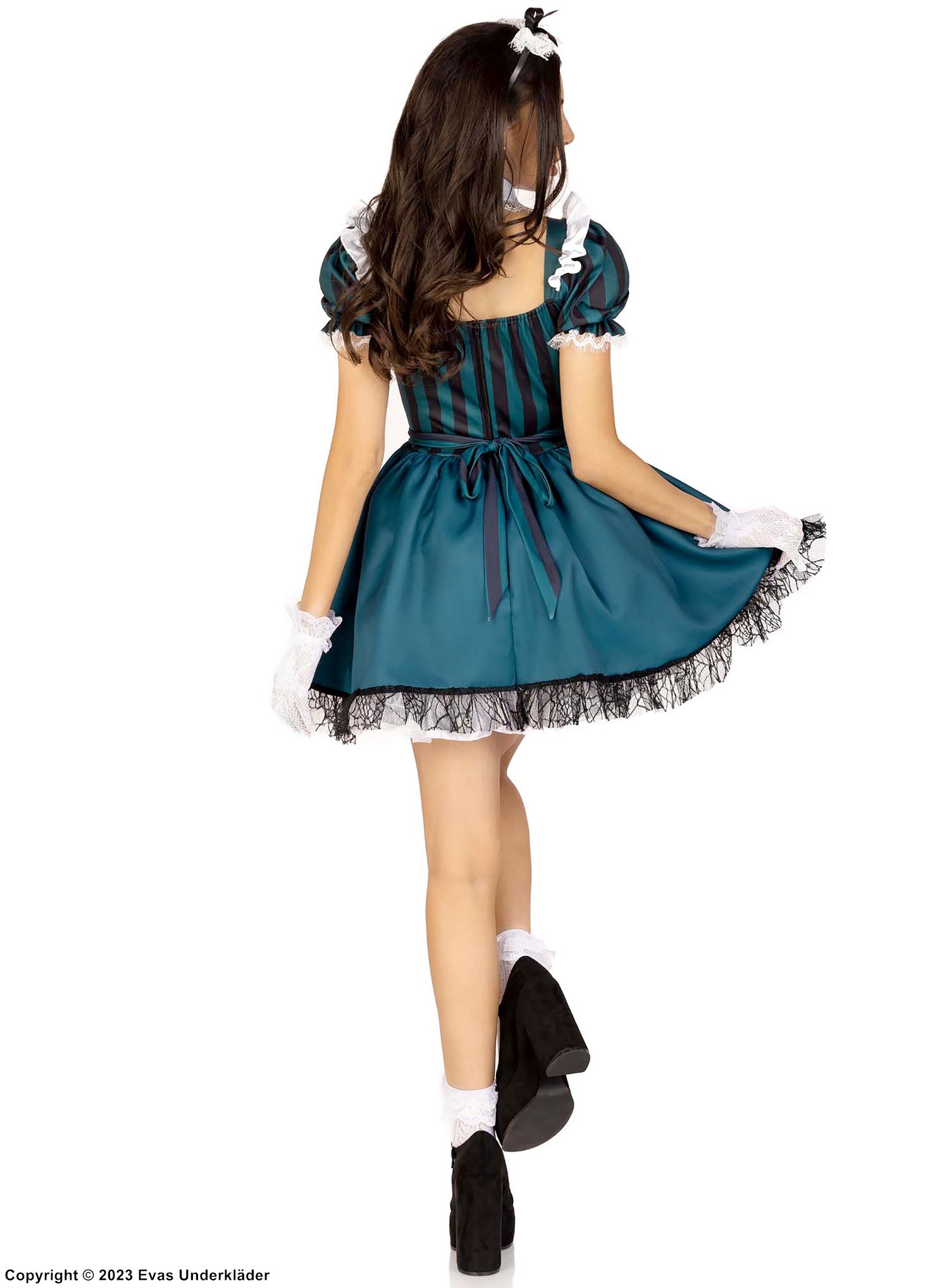 French maid, costume dress, ruffle trim, puff sleeves, stripes